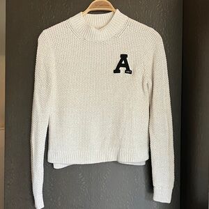 Abercrombie & Fitch White Crew Neck Chunky Knit Sweater w/ Black A Patch Size S